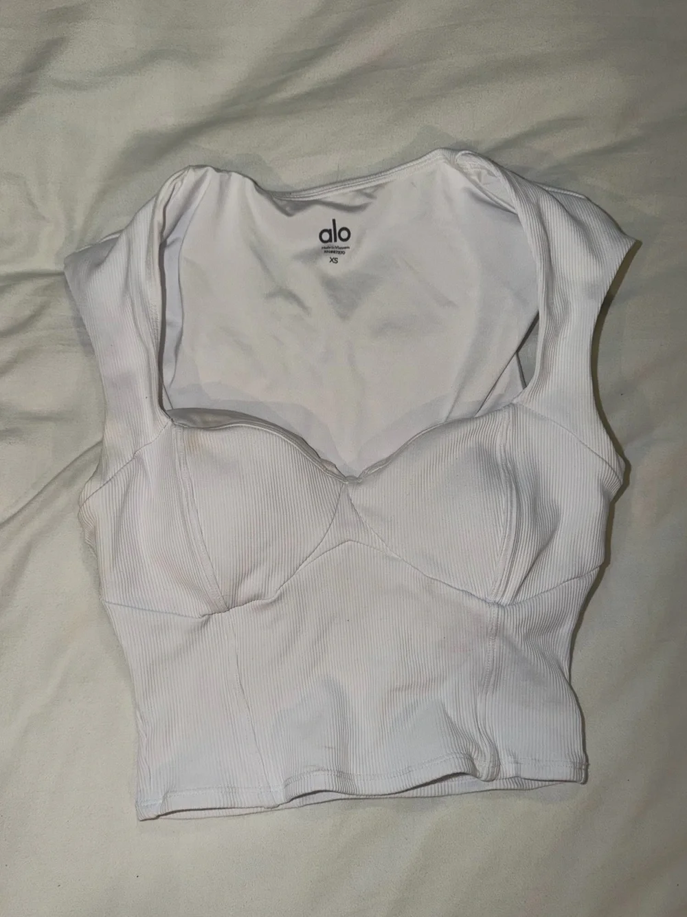 ALO Yoga White Crop Top with Structured Sweetheart Neckline